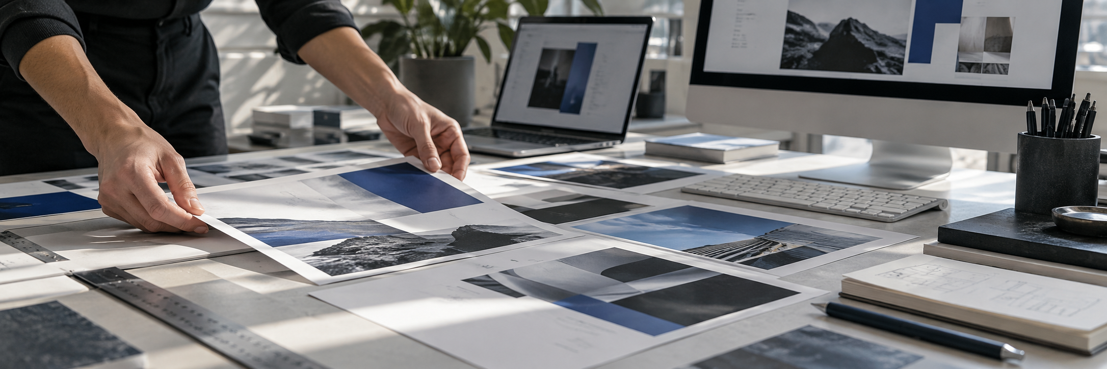 Gestaltung von Drucklayouts am Arbeitstisch mit ausgelegten Entwürfen und digitalen Designansichten.